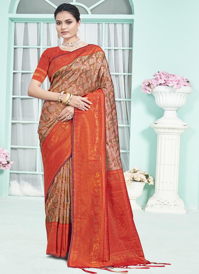 Silk Orange Festival Wear Weaving Saree